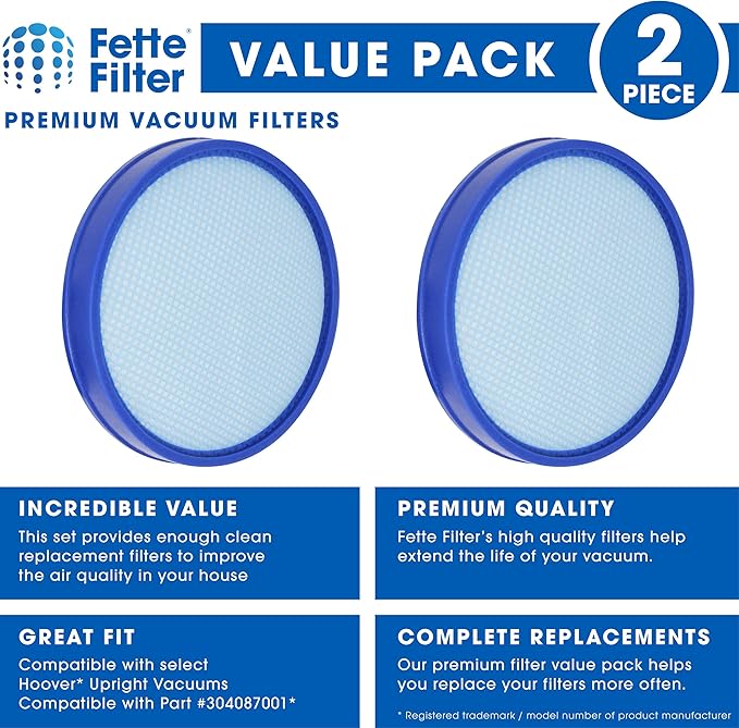 Fette Filter - 304087001 Premium Pre-Motor Vacuum Filter Compatible with Select Hoover Bagless Upright Vacuums Compare to Part Number 304087001 (QTY2)
