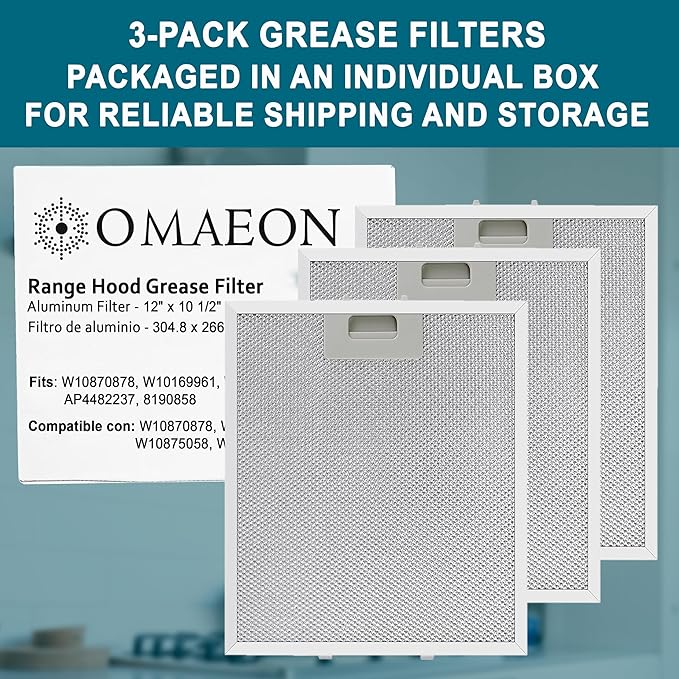 W10169961A Range Hood Grease Filter – 5-Layer Aluminum Mesh Vent Hood Filter, 10.5" x 12", Fits Whirlpool Range Hood, KitchenAid, Jenn-Air – Replacement for W10875058, W11245983 (3-Pack)