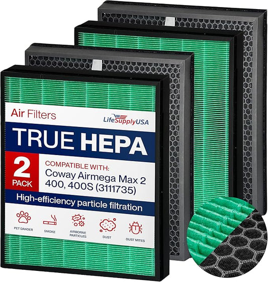 True HEPA Max2 Filter + Active Carbon Filter Set AP-2015-FP | Compatible with Coway Airmega 400 / 400S (3111735) Air Purifiers by LifeSupplyUSA (2-Pack)