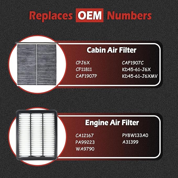 CA12167 Engine Air Filter and CF11811 Cabin Air Filter kit Compatible with 2019-2024 CX-5 2.5L Turbo Only 2018-2021 Mazda 6 2.5L Turbo Only Replaces PA99223 PY8W133A0 KD45-61-J6X