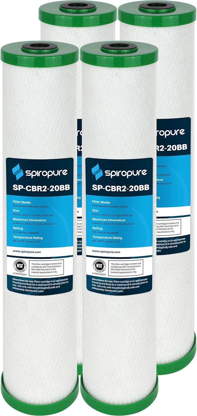 SpiroPure SP-CBR2-20BB 20x4.5 0.5 Micron NSF Certified Coconut Shell Carbon Block Water Filter Cartridge CBC20-BB 155312-43 SMCB-4520 (Case of 4)