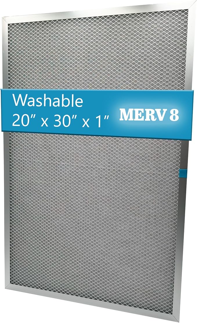 Washable Electrostatic Furnace Air Filter, MERV 8, (20" x 30" x 1") Aluminum Reusable Filter for Furnace, Central AC, and HVAC System