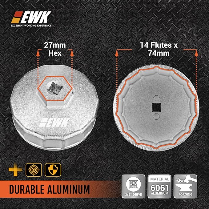EWK 74mm 14 Flute Oil Filter Wrench for Mercedes Benz Sprinter VW Audi Porsche, Forged Aluminum Cap Socket Tool, 3/8 in Drive or 27mm Hex for Damage-Free Oil Changes