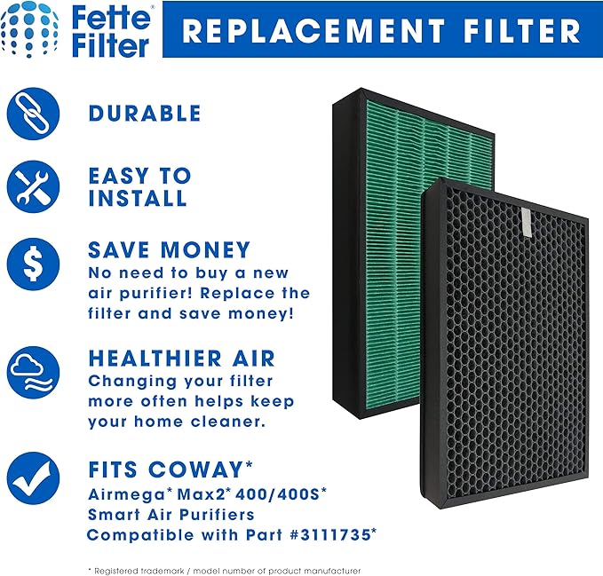 Fette Filter - 400/400S Replacement Filter compatible with Coway AIRMEGA Max2 400 400S 400(G) 400S(G) Max2 Green and Active Carbon Filter Set, AP-2015-FP, 2 Pack