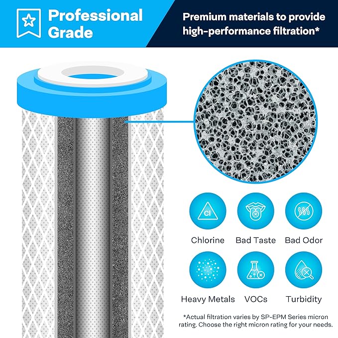 SpiroPure SP-EPM-20 20x2.5 10 Micron NSF Certified Coconut Shell Carbon Block Water Filter Cartridge EPM-20 155635-43 CB-25-2010 (Case of 6)