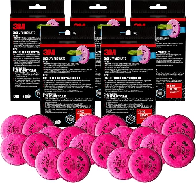 3M Performance P100 Particulate + Odor Filters, 2 Pairs, NIOSH-Approved, 99.97% Filtration Efficiency Against Solids & Liquid Aerosols, Use with 3M 6000, 6500 & 7500 Series (2097P2-DC), 5-Pack