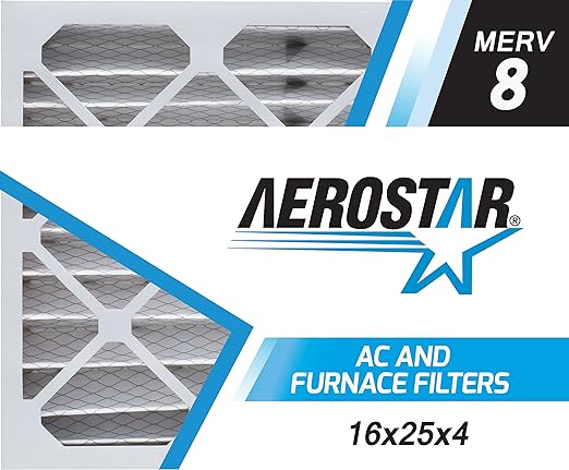 Aerostar 16x25x4 MERV 8 Air Filter, 6 Count, ACTUAL SIZE (15.50 x 24.50 x 3.75) HVAC, Furnace Filter for Allergies, Dust, Pet Dander & Smoke (MPR 1500 / FPR 10) Fits Lennox & Honeywell Devices