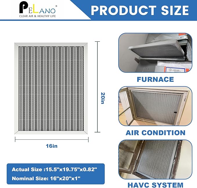 16x20x1 Reusable Air Filter, Electrostatic HVAC Air Filter, Lasts a Lifetime, Washable, Enjoy Fresher Air in Home and Office, MERV 8 (Actual Size:15.5x19.75x0.82 Inch)