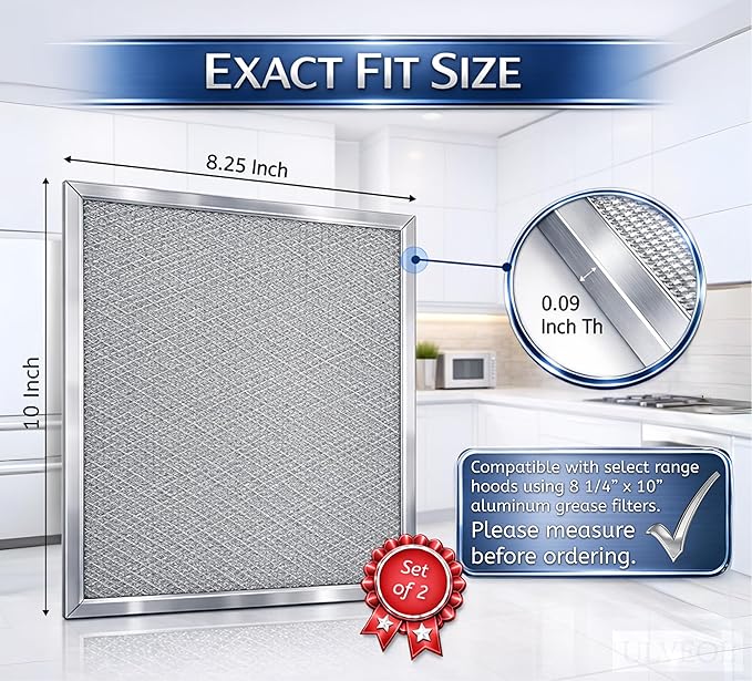 Set of 2 Aluminum Range Hood Filters 8 1/4” x 10”x 0.09"Th - Grease Filters for Range Hood - Camper Metal Tiny House - Hoods Stove Vent Filter or Kitchen Exhaust Fan Cover - Replacement Oven Filter