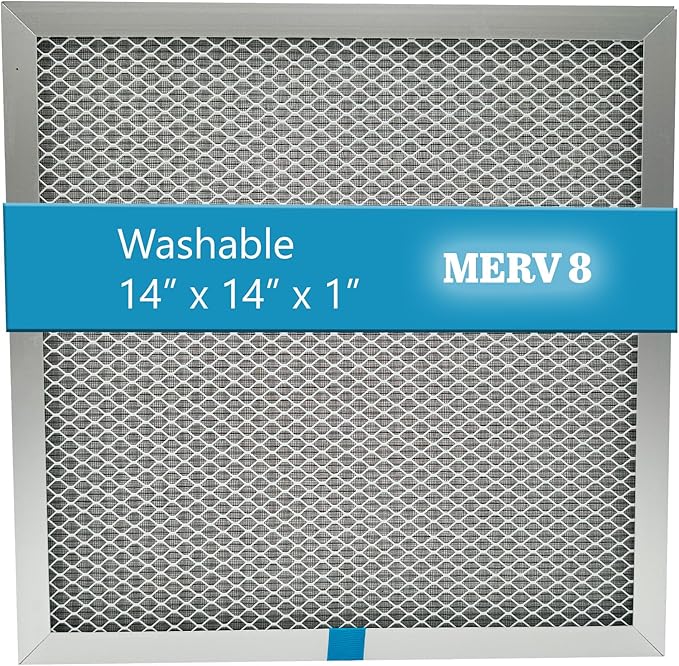 Washable Electrostatic Furnace Air Filter, MERV 8, (14" x 14" x 1") Aluminum Reusable Filter for Furnace, Central AC, and HVAC System