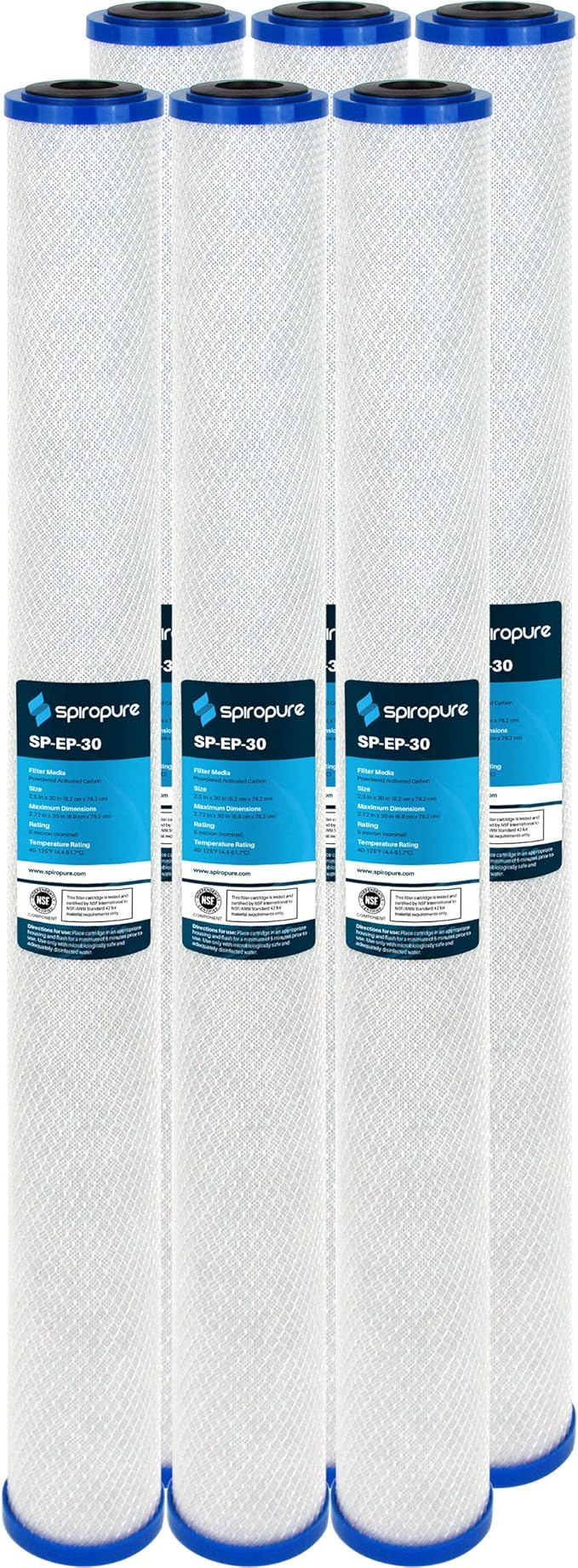 SpiroPure SP-EP-30 30x2.5 5 Micron NSF Certified Coconut Shell Carbon Block Water Filter Cartridge EP-30 155698-43 (Case of 6)