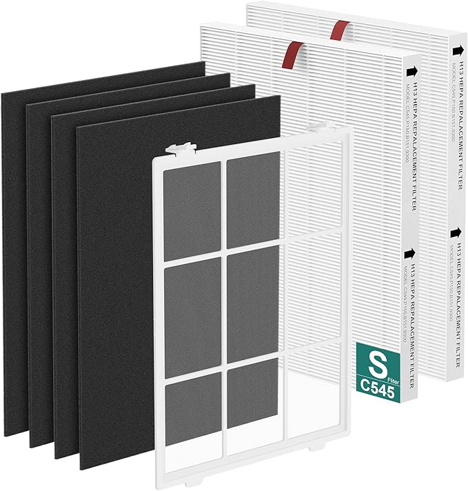 2 Pack C545 Replacement Filter S Compatible with Winix C545 Air Purifi-er, Parts 1712-0096-00 and 2522-0058-00, 2 True HEPA Filter S and 4 Activated Carbon Filter with 1 Washable Pre-Filter