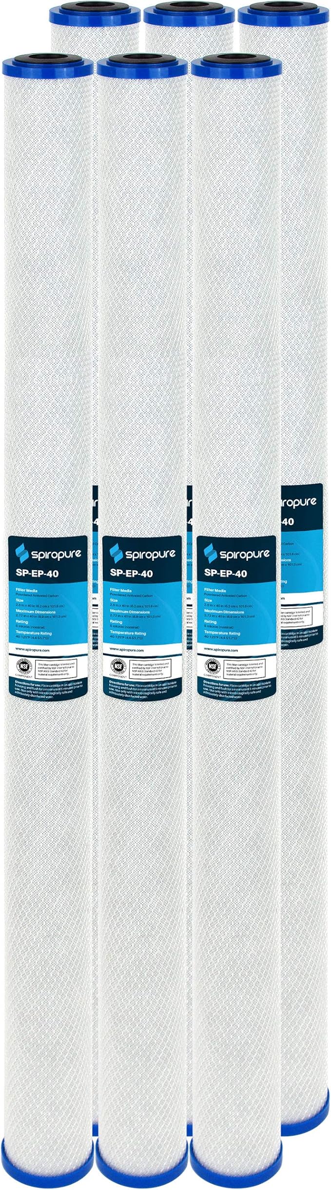SpiroPure SP-EP-40 40x2.5 5 Micron NSF Certified Coconut Shell Carbon Block Water Filter Cartridge EP5-40 155815-03 (Case of 6)