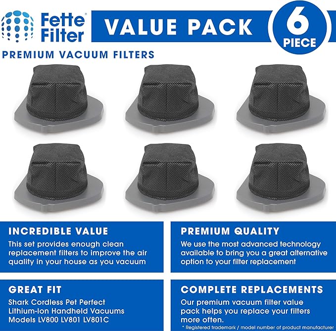 Fette Filter - Dust Cup Filter Compatible with Shark Cordless Pet Perfect Lithium-Ion Handheld Vacuums Models LV800 LV801 LV801C Compare to Part # XDCF800. (Pack of 6)