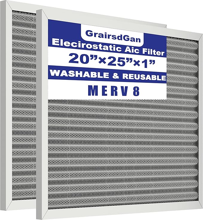 (2 Pack) 20x25x1 Reusable Air Filter, Washable Filter, Electrostatic, MERV 8, Lasts a Lifetime-HVAC AC Furnace Systems Air Filter (Actual Size: 19.75x24.65x0.82Inch)