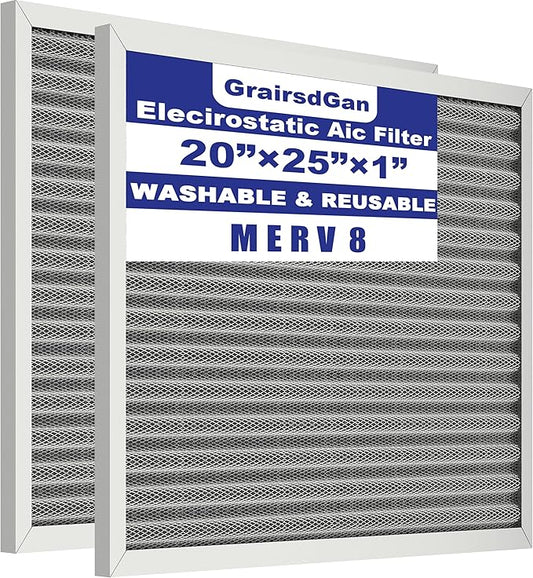 (2 Pack) 20x25x1 Reusable Air Filter, Washable Filter, Electrostatic, MERV 8, Lasts a Lifetime-HVAC AC Furnace Systems Air Filter (Actual Size: 19.75x24.65x0.82Inch)