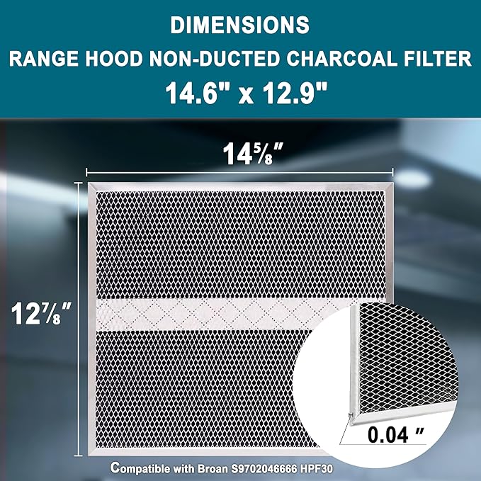 4 Pack HPF30 Charcoal Range Hood Filters – 14-5/8" x 12-7/8" (14.6" x 12.9") – Compatible with S97020466 for Broan & Other Non-Ducted Kitchen Hoods, Odor & Grease Absorbing