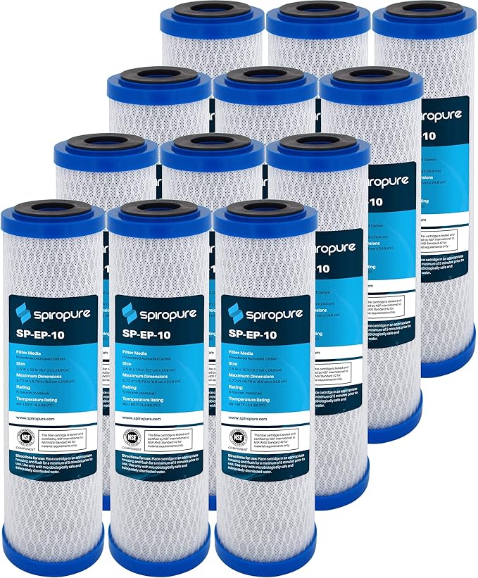 SpiroPure SP-EP-10 10x2.5 5 Micron NSF Certified Coconut Shell Carbon Block Water Filter Cartridge EP-10 155531-43 CB-25-1005 (Case of 12)