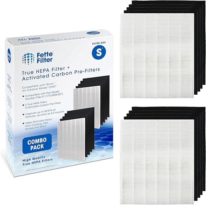 Fette Filter - C545 Premium Replacement True HEPA Filters Compatible with Winix Filter S for Air Purifier C545 Part # 1712-0096-00 Includes 2 True Hepa + 8 Carbon Filter.