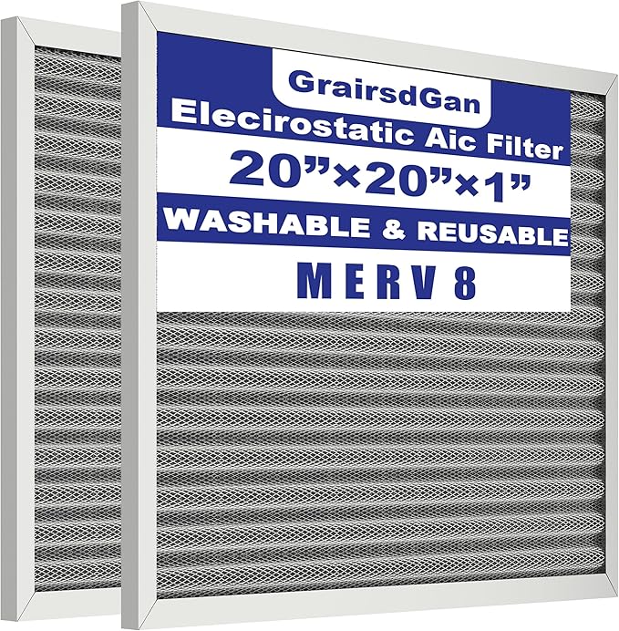 (2 Pack) 20x20x1 Reusable Air Filter, Washable Filter, Electrostatic, MERV 8, Lasts a Lifetime-HVAC AC Furnace Systems Air Filter (Actual Size: 19.75x19.75x0.82Inch)