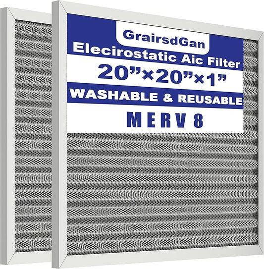 (2 Pack) 20x20x1 Reusable Air Filter, Washable Filter, Electrostatic, MERV 8, Lasts a Lifetime-HVAC AC Furnace Systems Air Filter (Actual Size: 19.75x19.75x0.82Inch)