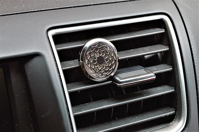 Wild Essentials Sunflower Essential Oil Car Vent Diffuser Kit, Lavender, Lemongrass, Peppermint, Orange Oils, Stainless Steel Locket Pendant, 8 Refill Pads, Customizable Color Changing Air Freshener