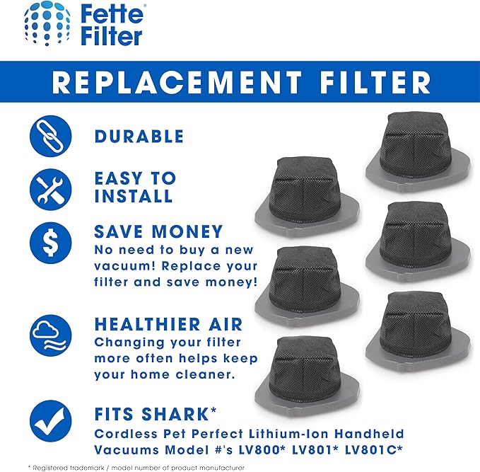 Fette Filter - Dust Cup Filter Compatible with Shark Cordless Pet Perfect Lithium-Ion Handheld Vacuums Models LV800 LV801 LV801C Compare to Part # XDCF800. (Pack of 6)
