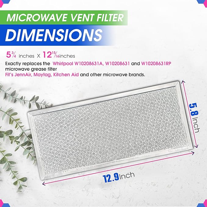 Microwave Filter Replacement 5.78" x 12.91" Fits W10208631A Whirlpool Microwave Filter - Aluminum Mesh Screen Grease Filters - Freshens and Filters Kitchen Air in Over the Stove Oven Vent Fan (2-Pack)