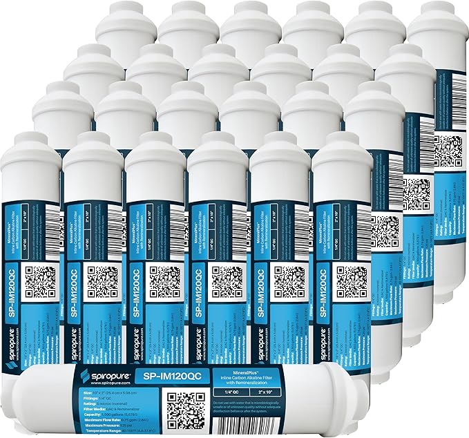 SpiroPure SP-IM120QC Inline Alkaline Carbon Water Filter, MineralPlus Remineralization, 1/4" Quick-Connect 2” x 10”, Remineralizing for RO System, Refrigerators (25 Pack)