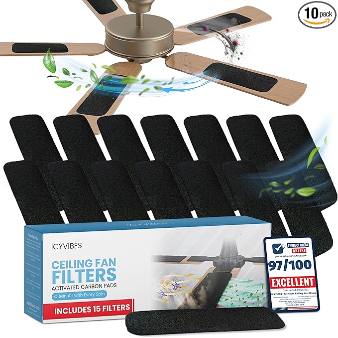 Premium Ceiling Fan Filters for Blades -15 PCS Activated Carbon Air Purifier Pads Unscented Washable Reusable Easy-Stick Coconut Shell Odorless Charcoal Dust Catcher Covers for Home Lighting Extractor