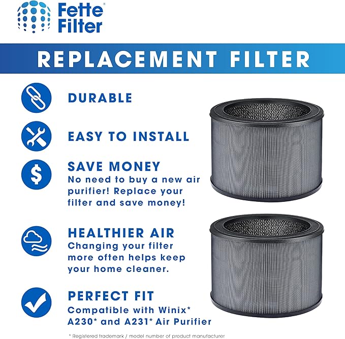 Fette Filter - 2 Premium True Hepa H13 Replacement Filter Size O Compatible with Winix Air Purifier Model A230 A231 Compare to Part # 1712-0110-00, 1712011000