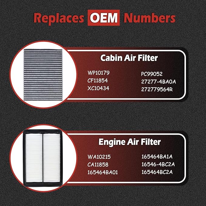 16546-4BA1A Engine Air Filter and 27277-4BA0A Cabin Air Filter kit Compatible with 2017-2019 Rogue 2.0L Hybrid 2017-2022 Rogue Sport 2.0L 2014-2020 Rogue 2.5L 2017-2020 Qashqai 2.0L