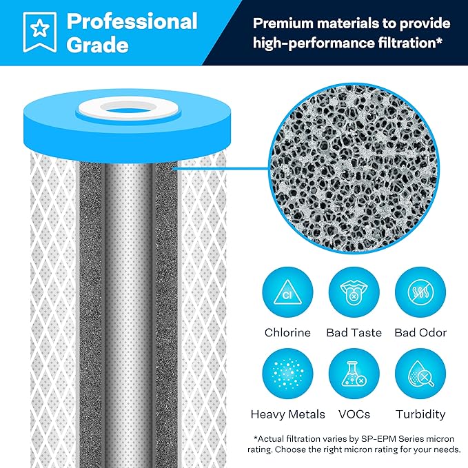 SpiroPure SP-EPM-20BB 20x4.5 10 Micron NSF Certified Coconut Shell Carbon Block Water Filter Cartridge EPM-20BB 155783-43 CB-45-2010 (Case of 4)