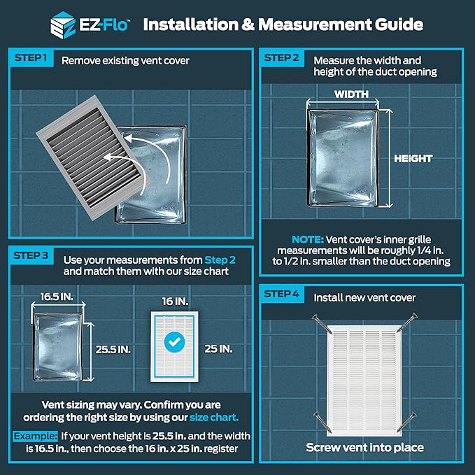 EZ-FLO 16 x 25 Inch (Duct Opening) Return Air Vent Cover for Wall or Ceiling, Solid Steel Return Air Filter Grille, HVAC Vent Cover, White, 61671