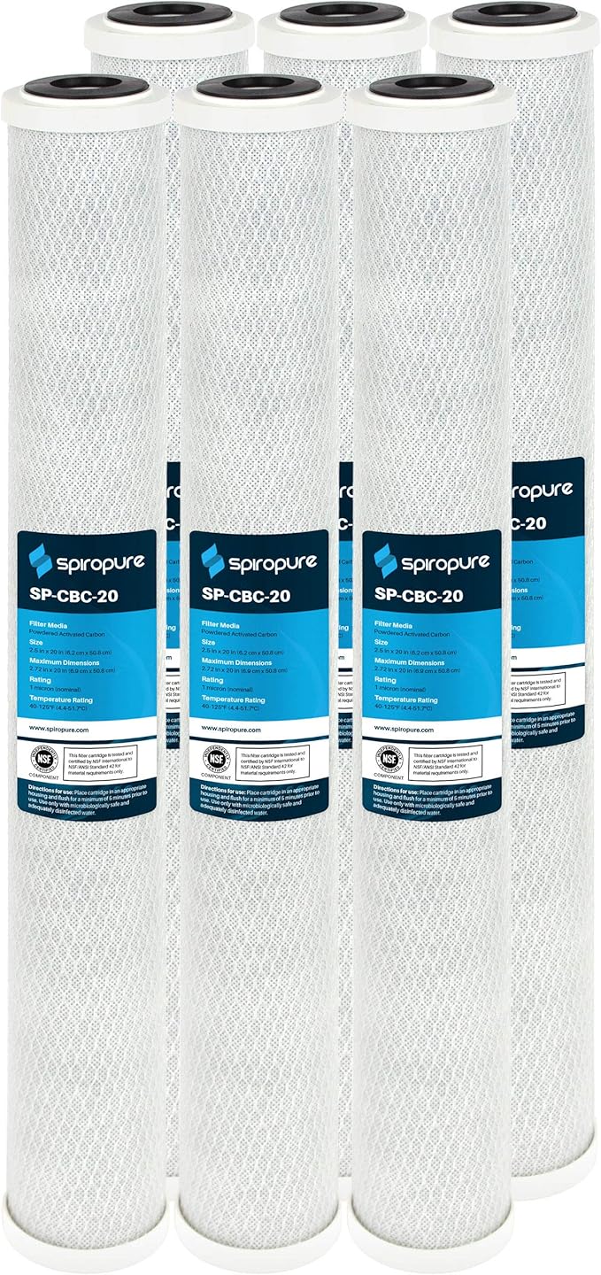 SpiroPure SP-CBC-20 20x2.5 1 Micron NSF Certified Coconut Shell Carbon Block Water Filter Cartridge CB-25-2001 (Case of 6)