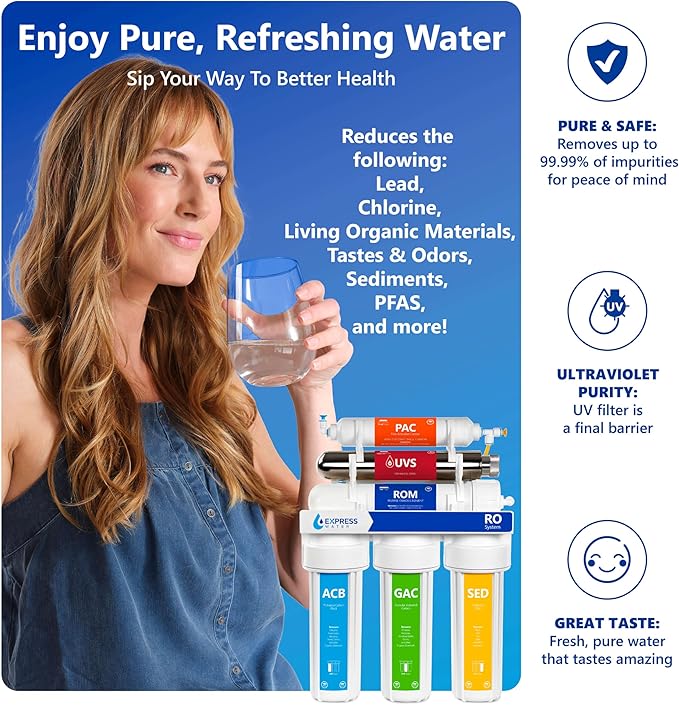 Express Water Ultraviolet Reverse Osmosis Water Filtration System – 6 Stage RO UV Water Filter with Faucet and Tank – UV Under Sink Water Filter – 100 GPD