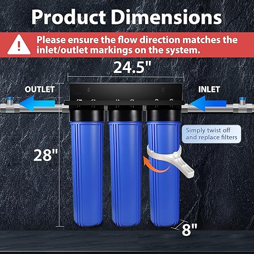 iSpring WGB32B-PB+AHPF12MNPT16X2 3-Stage Whole House Water Filter System, Reduces Lead, Chlorine, Sediment Home Water Filtration w/ 3/4'' Braided Stainless Steel Hose Connectors