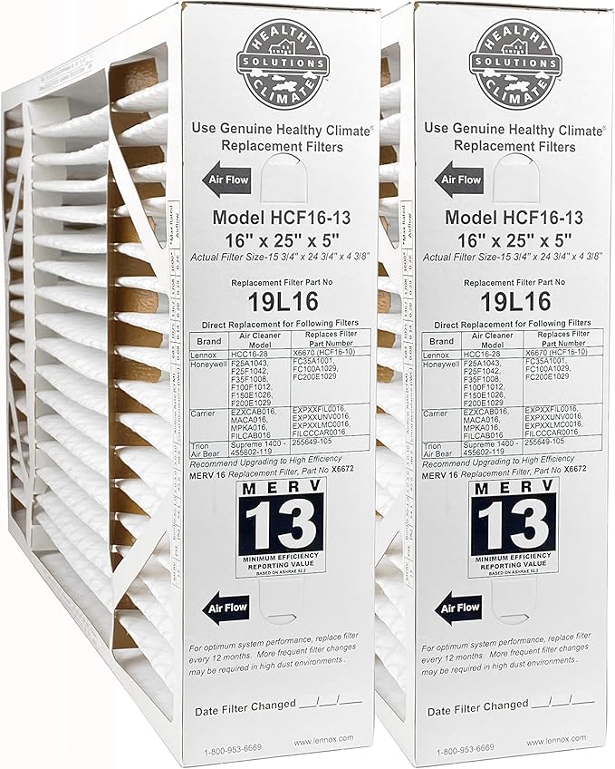 Lennox 19L16-16" x 25" x 5" Healthy Climate HCF16-13 Air filter, MERV 13 (2-Pack)