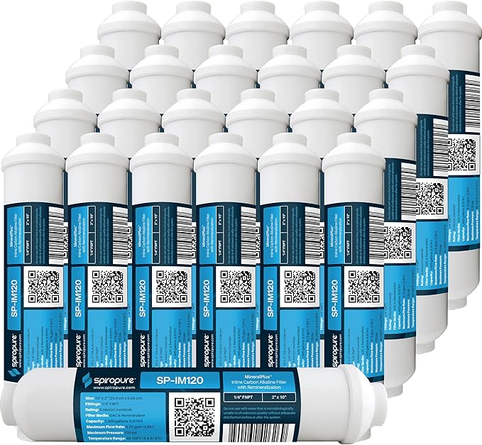 SpiroPure SP-IM120 Inline Alkaline Carbon Water Filter, MineralPlus Remineralization Filter with 1/4" FNPT 2” x 10”, Remineralizing for RO System, Refrigerators (25 Pack)