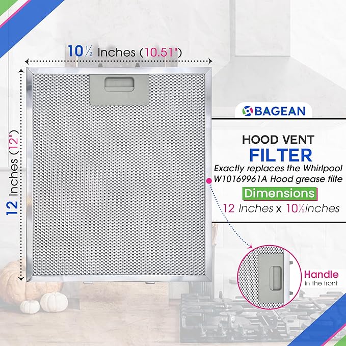 Bagean Range Hood Filter Replacement 12" x 10.5" W10169961A Compatible with Whirlpool Stove Hood Vent Filter - Aluminum Screen for Kitchen Overhead Exhaust Fan Blocks Grease & Filters Oven Air (2-Pk)