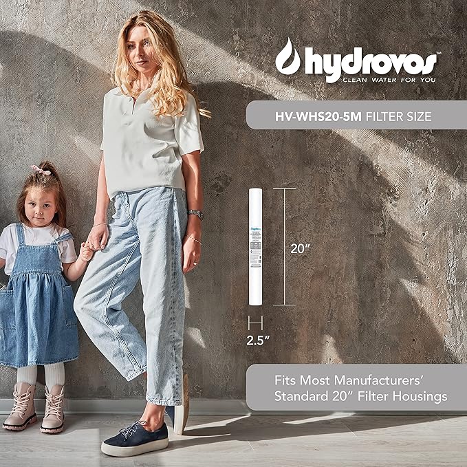 HYDROVOS 5 Micron 20" x 2.5" Whole House Water Filter, Universal Fit, 20-Inch Spun Wound Replacement Cartridge with 6 month Filter Life, NSF Certified Sediment Filter for Home Water Filtration System